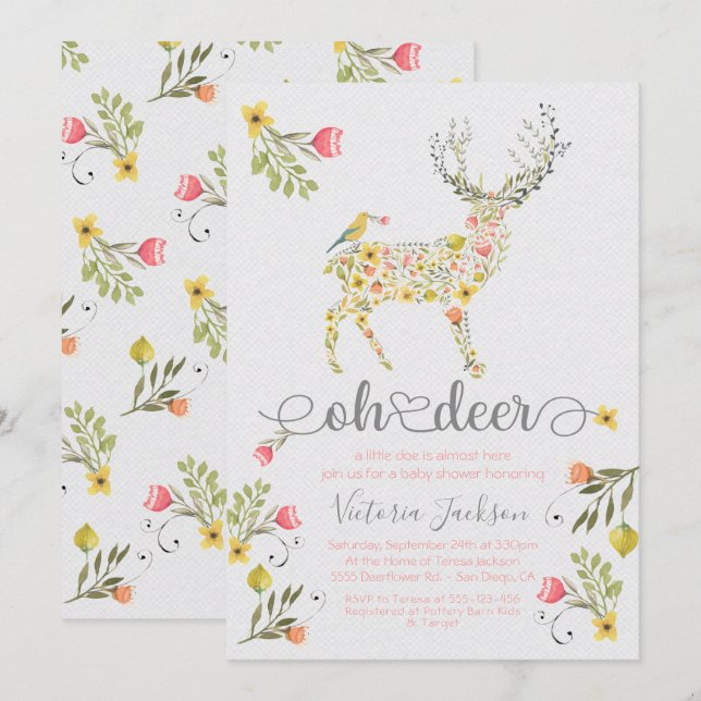 Woodland Floral Oh Deer Baby Shower Invitation (Front/Back)