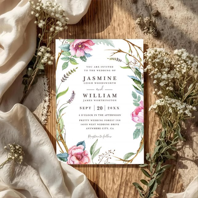 Woodland Flower Wreath Rustic QR Code Wedding Invitation (Creator Uploaded)