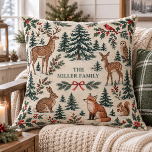 Woodland Forest Animal Custom Family Name Throw Pillow