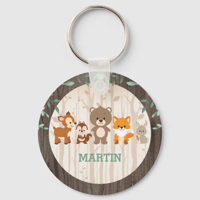 Woodland Forest Animals 1st Birthday Party Favours Keychain (Front)