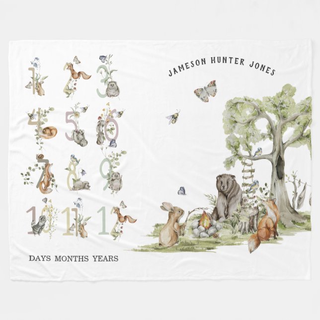 Woodland Forest Animals | Baby Milestone   Fleece Blanket (Front (Horizontal))