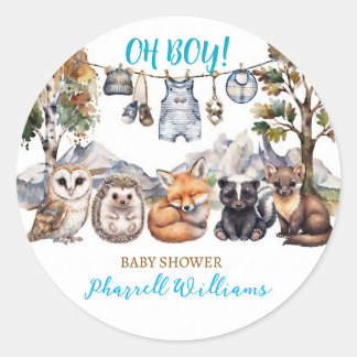 Woodland forest animals baby shower classic round sticker