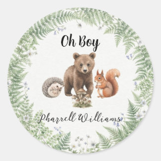 Woodland forest animals baby shower classic round sticker