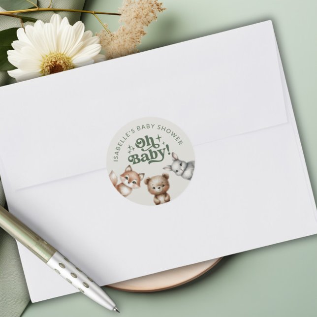 Woodland Forest Animals Baby Shower Classic Round Sticker (Woodland Forest Animals Baby Shower Classic Round Sticker)