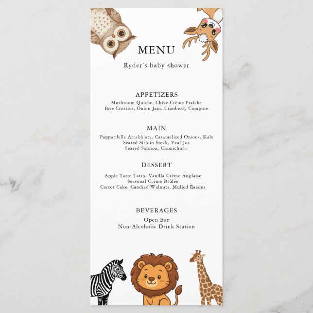 Woodland Forest Animals Baby Shower Menu (Front)