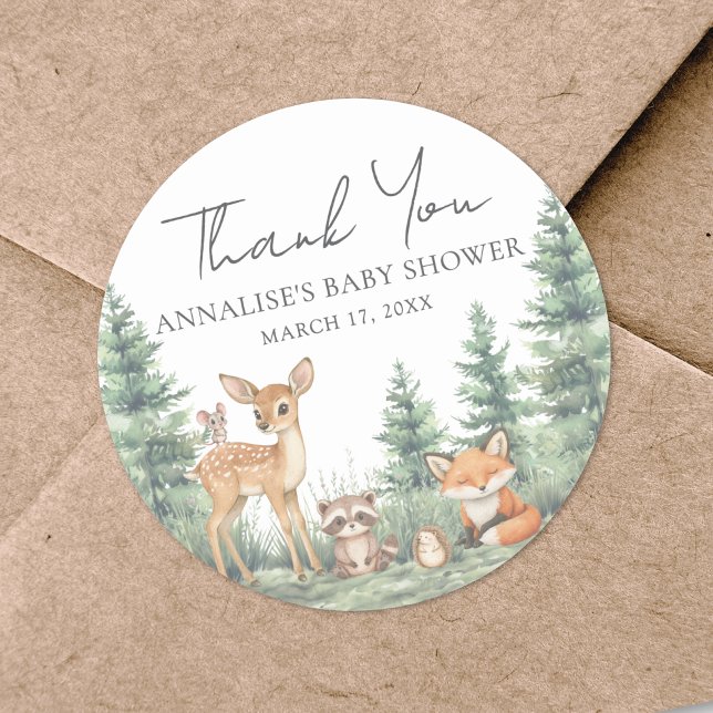 Woodland Forest Animals Baby Shower Thank You Classic Round Sticker (Woodland Forest Animals Baby Shower Thank You Classic Round Sticker)