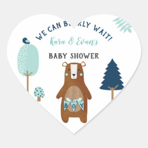 Woodland Forest Animals Bear Rustic Blue Brown Heart Sticker