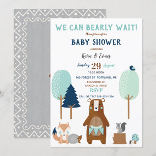 Woodland Forest Animals Bear Rustic Blue Brown Invitation