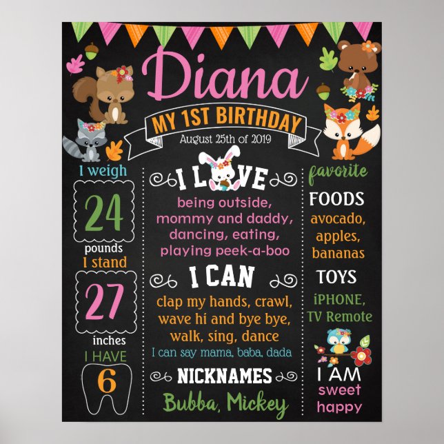 Woodland Forest Animals Birthday milestone Poster (Front)