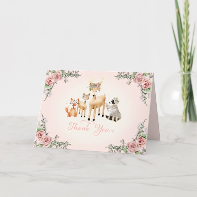 Woodland Forest Animals Boho Rose Floral Thank You (Front)