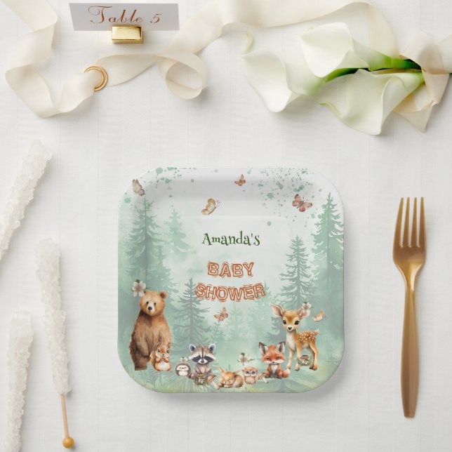 Woodland Forest animals botanical baby shower Paper Plate (Wedding)