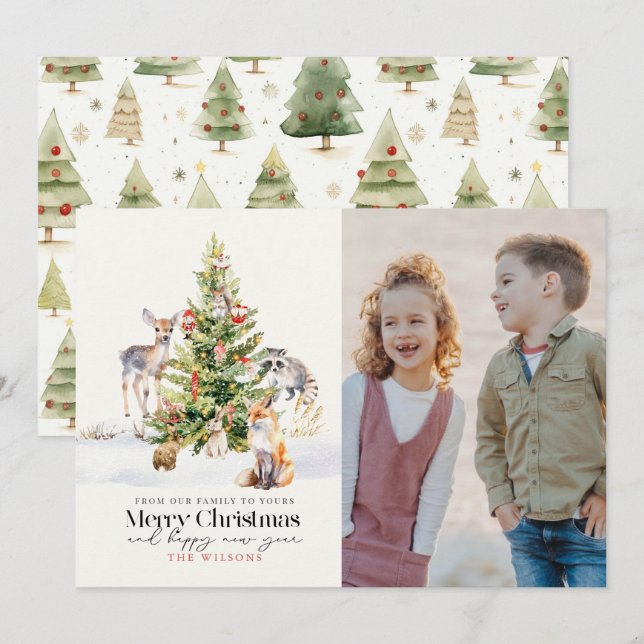 Woodland Forest Animals Christmas Tree Photo Holiday Card (Front/Back)