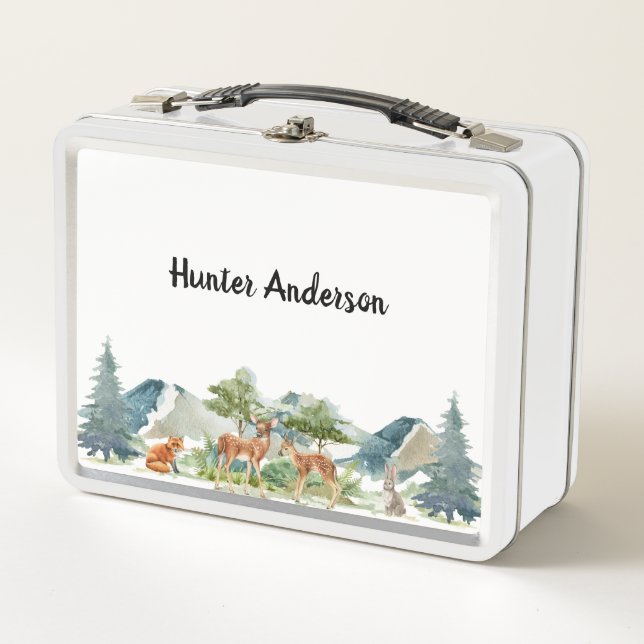 Woodland forest animals deer cute name metal lunch box (Front)
