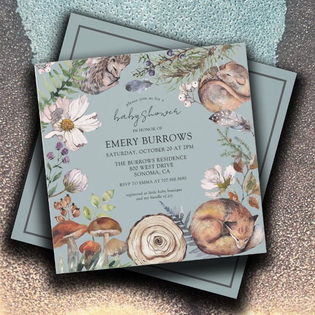 Woodland Forest Animals Dusty Blue Baby Shower Invitation (Creator Uploaded)
