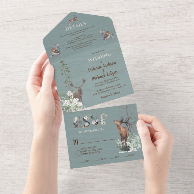 Woodland Forest Animals Dusty Blue Wedding All In One Invitation (Tearaway)