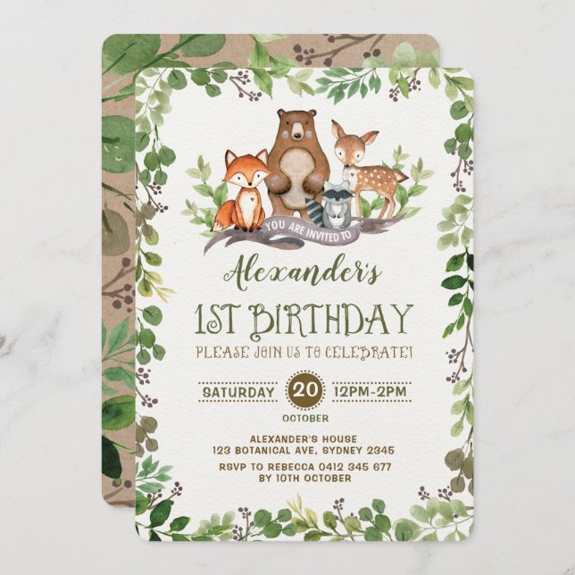 Woodland Forest Animals First 1st Birthday Invite (Front/Back)