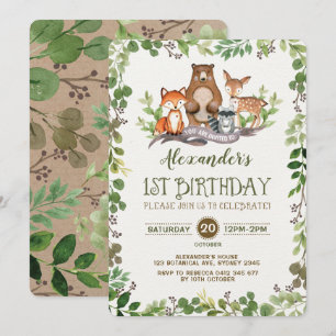 Woodland Forest Animals First 1st Birthday Invite