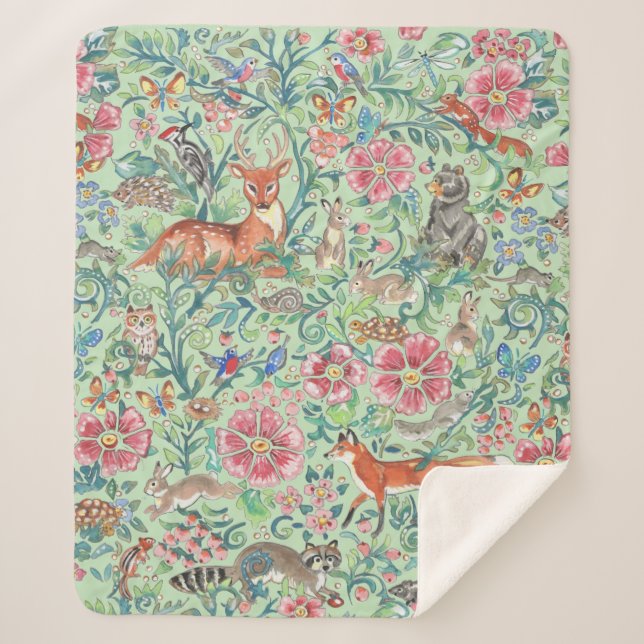 Woodland Forest Animals Mint Green Floral Pretty Sherpa Blanket (Front)