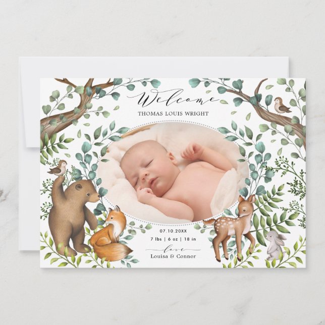 Woodland Forest Animals Photo Birth Announcement (Front)