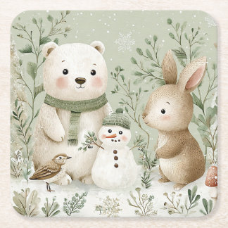 Woodland Forest Animals & Snowman Square Paper Coaster