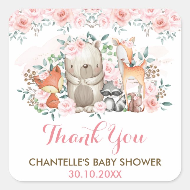 Woodland Forest Animals Thank You Favour Square Sticker (Front)
