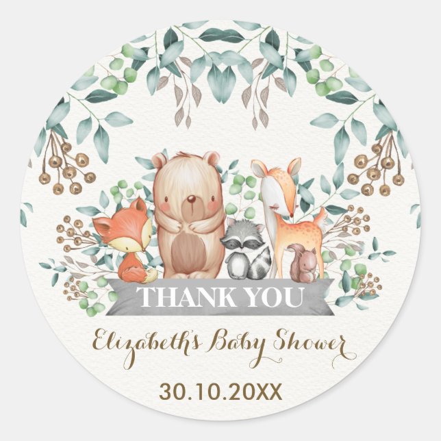 Woodland Forest Animals Thank You Sticker Favours (Front)