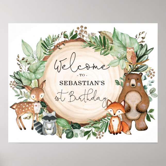 Woodland Forest Animals Wild One Birthday Welcome Poster (Front)