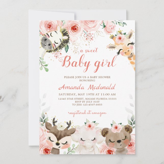 Woodland forest baby girl baby shower Invitation (Front)