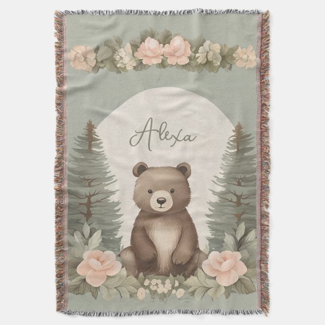 Woodland Forest Bear Throw Blanket (Front Vertical)