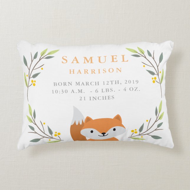 Woodland Forest Birth Stats - Fox Nursery Pillow (Front)