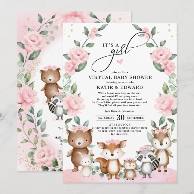 Woodland Forest Blush Pink Flower Virtual Shower Invitation (Front/Back)