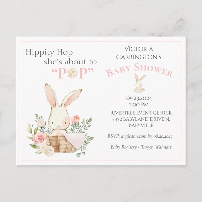 Woodland Forest Bunny Pink Floral Baby Shower Postcard (Front)