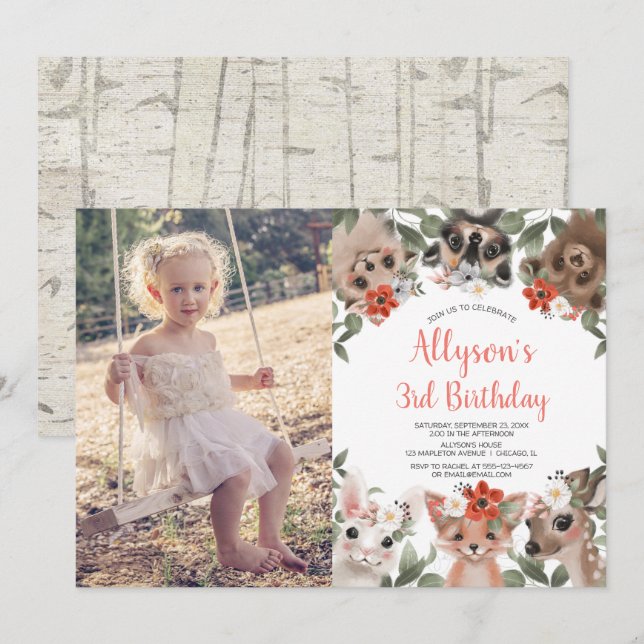 Woodland forest cute animals girls birthday photo invitation (Front/Back)