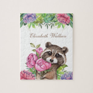 Woodland Forest Cute Floral Raccoon Kids Name Jigsaw Puzzle