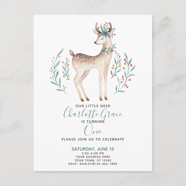 Woodland Forest Deer Baby's First 1st Birthday Invitation Postcard (Front)