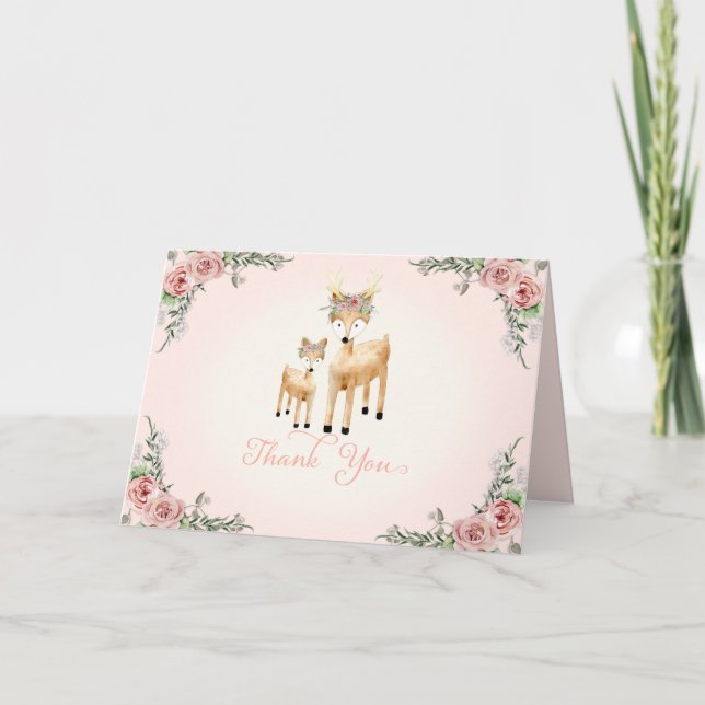 Woodland Forest Deer Boho Rose Floral Thank You (Front)
