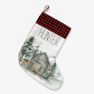 Woodland Forest Deer Cottage Red Plaid with Name Small Christmas Stocking