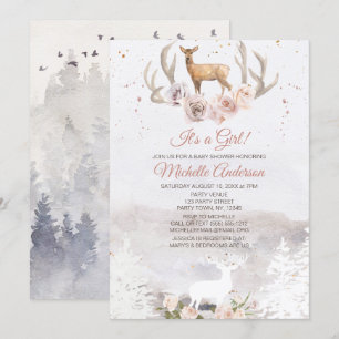 Woodland Forest Deer Floral Girl Baby Shower Invitation