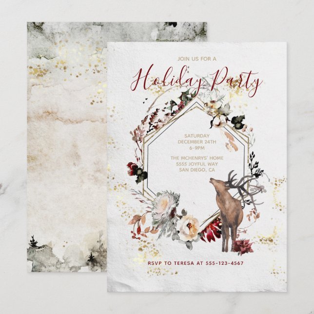 Woodland Forest Deer Floral Holiday Party Invitation (Front/Back)