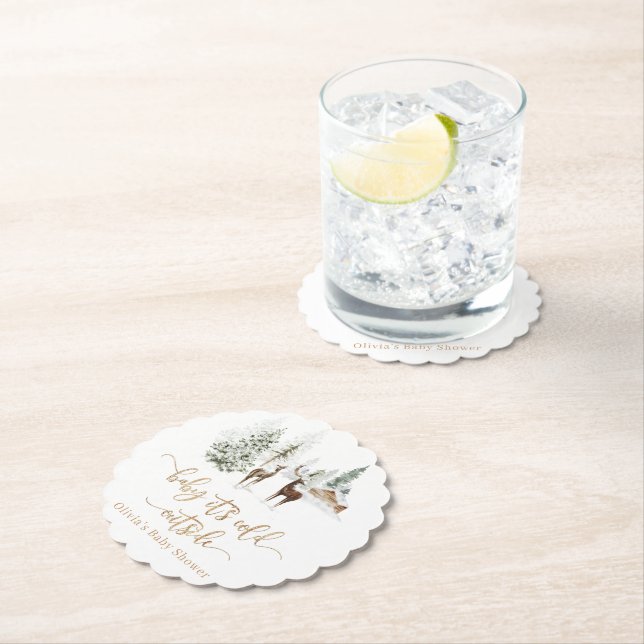 Woodland forest deer winter baby shower  paper coaster (Insitu)