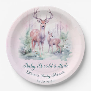 Woodland forest deer winter baby shower paper plate