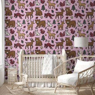 Woodland Forest Doodle Animals pink Wallpaper