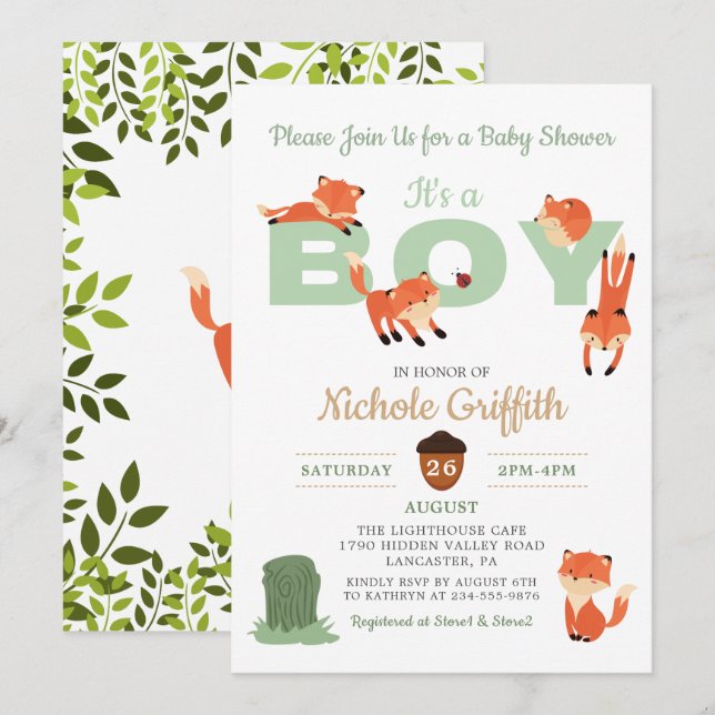Woodland Forest Fox Boy Baby shower Invitation (Devant / Derrière)