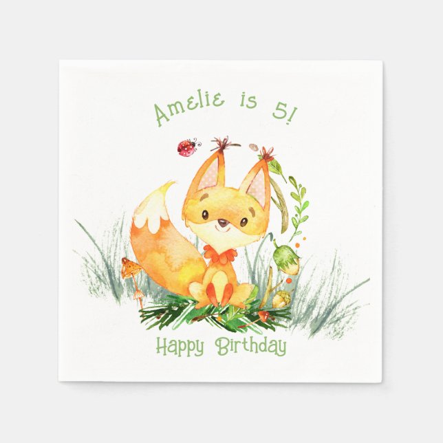 Woodland Forest Fox Cute Birthday Napkins (Front)