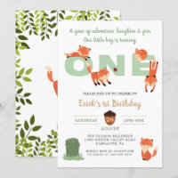 Woodland Forest Fox First Birthday Invitation