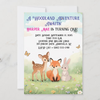 Woodland Forest Friends First Birthday Invitation