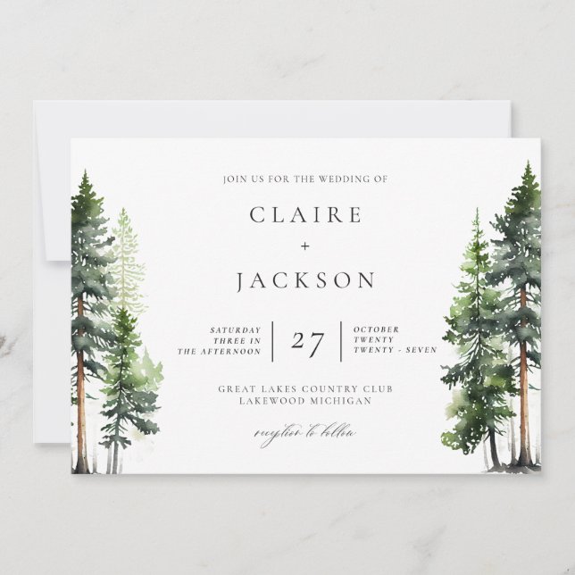 Woodland Forest Green Pines Modern Wedding Invitation (Front)