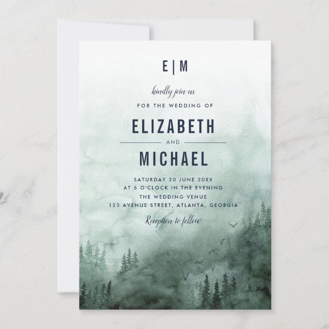 Woodland forest green wedding invitation (Front)