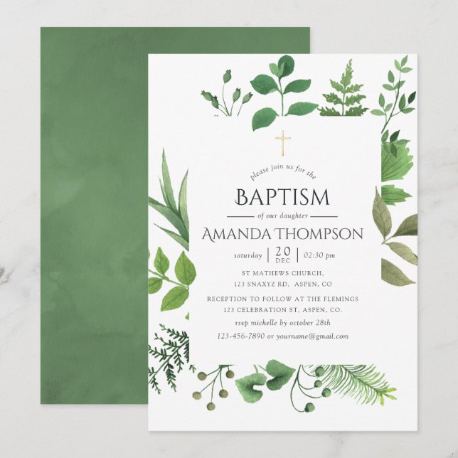 Woodland Forest Greenery Baptism or Christening Invitation (Front/Back)