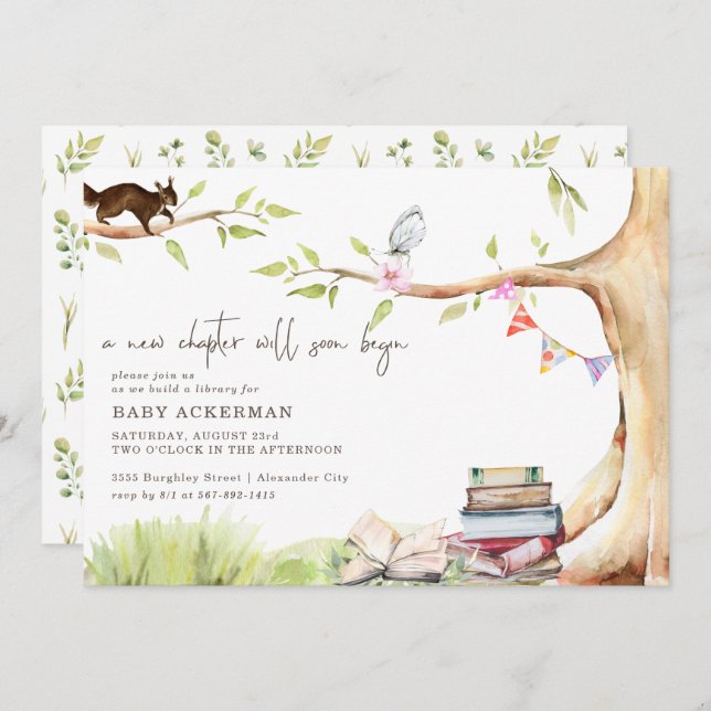 Woodland Forest Greenery | Build A Library Baby Invitation (Front/Back)